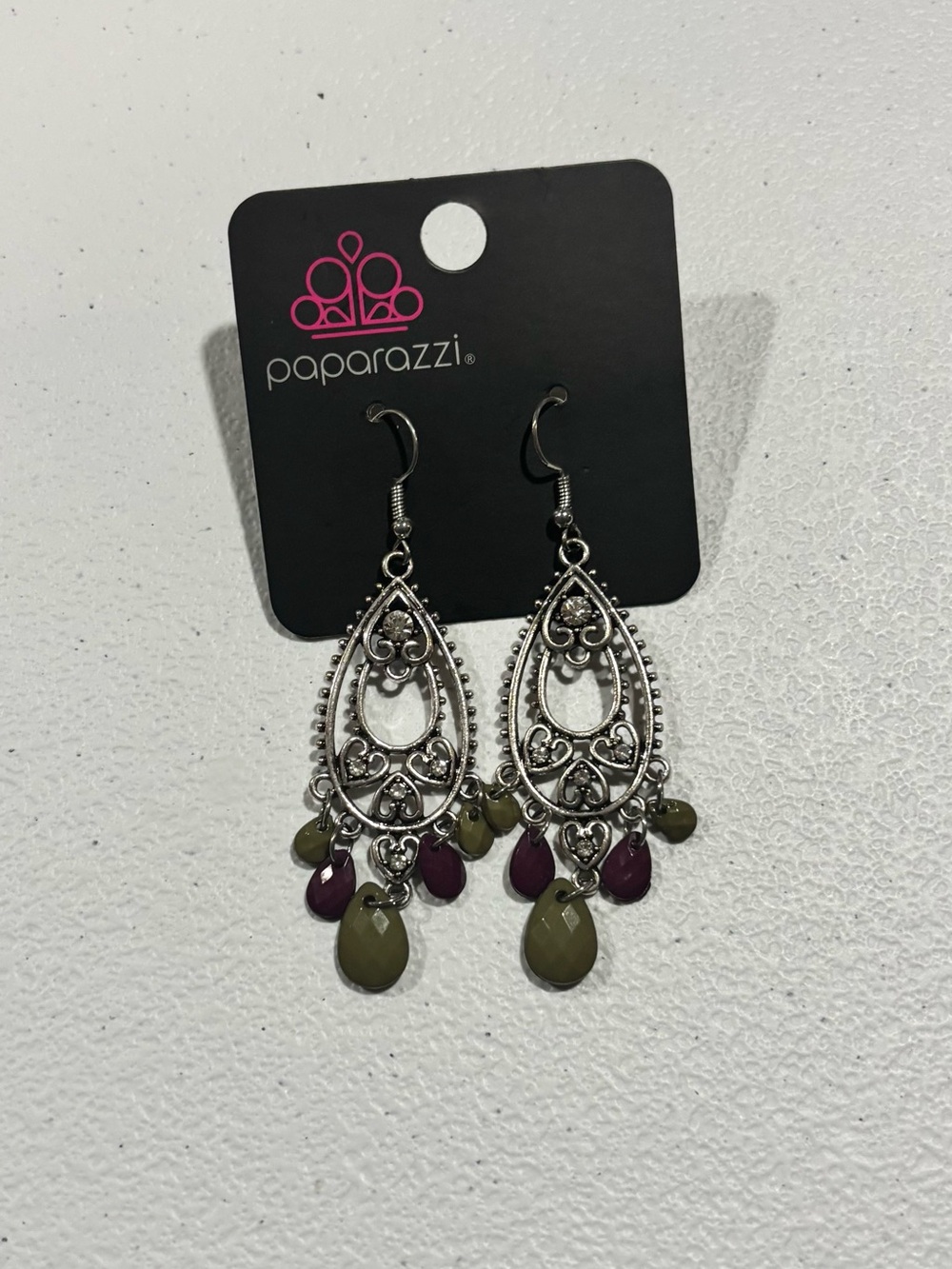 Silver Filigree Teardrop Earrings with Olive and Plum Beads